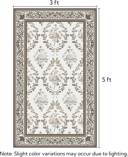 SOULFUL Medium Pile 3x5 Area Rug - Soft Underfoot Small Entryway Rug - Brown Boho Floral - Washable Non-Slip - Perfect for Living Room Bedroom Foot Kids Room Reading Nook