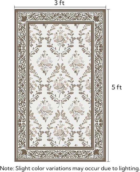 SOULFUL Medium Pile 3x5 Area Rug - Soft Underfoot Small Entryway Rug - Brown Boho Floral - Washable Non-Slip - Perfect for Living Room Bedroom Foot Kids Room Reading Nook