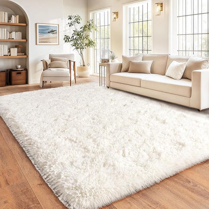 Cream White Plush Rug for Living Room Fuzzy Carpet for Bedroom Dorm, Non-Slip High Pile Rug, Shag Rug for Playroom Nursery Home Office Decor 10x14Ft