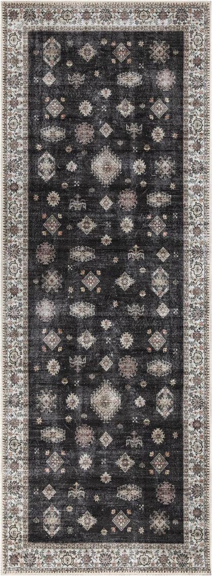 Bloom Rugs Washable Non-Slip 10 ft Runner - Black/Ivory Traditional Runner for Entryway, Hallway, Bathroom, and Kitchen - Exact Size: 2.5' x 10'