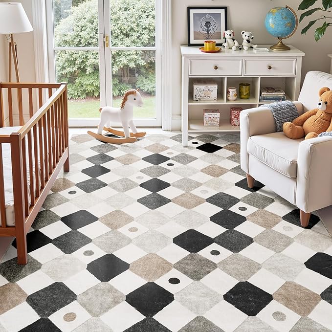 jinchan Macy Area Rug 6x9 Kids Washable Indoor Non-Slip Black and White Modern Soft Rug Elementary School Classroom Diamond Carpet for Nursery Playroom Daycare Bedroom Living Room Dorm Marble on Cream