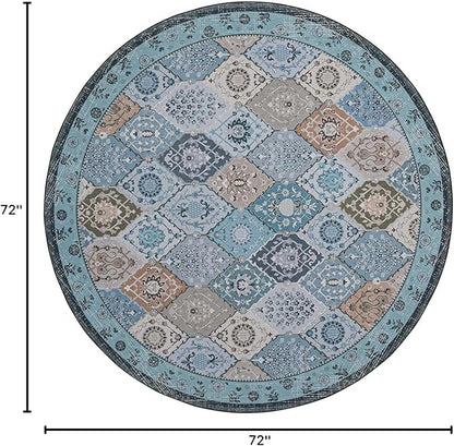 Phantoscope Washable Round Area Rug 6ft Non-Slip, Vintage Boho Rugs for Living Room, Bedroom, Dining Room, Distressed Moroccan Mosaic Diamond Pattern, Low-Pile Foldable Floor Carpet, Blue Teal/Neutral