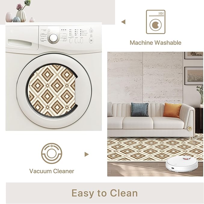 Bavni Hallway Runner Rug Machine Washable, 2x7 Non Slip Lightweight Washable Runners, Moroccan Checkered Rug for Entryway Laundry Kitchen Bathroom Corridor Bedside, Yellow Brown