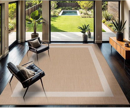 CAMILSON Outdoor Rug 9x12, Large Modern Outside Rugs for Patios Porches Waterproof Durable Washable Non-Shedding, Easy-to-Clean Indoor Outdoor Area Carpet (9 x 12, Bordered - Beige/White)