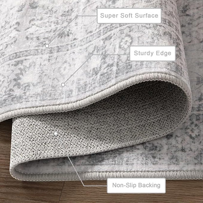 LIVEBOX Washable Gray Rug 6x9 - Vintage Soft Rug for Living Room, Large Neutral Rugs Anti-Skid Low-Pile Flower Carpet for Bedroom Office, Silverygray