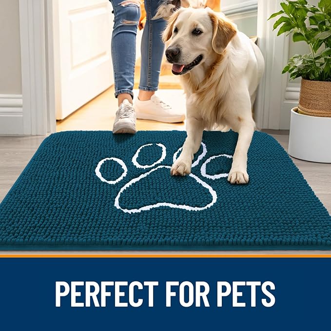 OLANLY Dog Door Mat for Muddy Paws 30x20, Paw Print Design, Absorbs Moisture and Dirt, Absorbent Non-Slip Washable Doormat, Quick Dry Chenille Mud Mat, Entry Indoor Entryway Carpet, Atlantic Blue