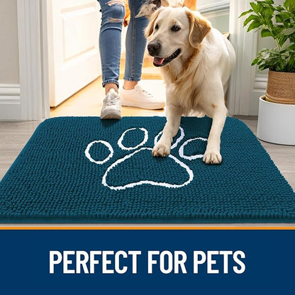 OLANLY Dog Door Mat for Muddy Paws 30x20, Paw Print Design, Absorbs Moisture and Dirt, Absorbent Non-Slip Washable Doormat, Quick Dry Chenille Mud Mat, Entry Indoor Entryway Carpet, Atlantic Blue