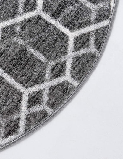 Rugs.com Lattice Trellis Collection Rug – 3 Ft Round Gray Low-Pile Rug Perfect for Kitchens, Dining Rooms