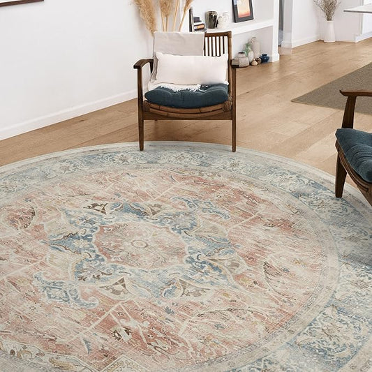 RUGGABLE Washable Vintage Area Rug – Sarrah Coral 8 ft Round, Stain-Resistant, Non-Slip – Large Machine Washable Rugs for Living Room, Bedroom, Hallway, Entryway & Office–with Standard Pad