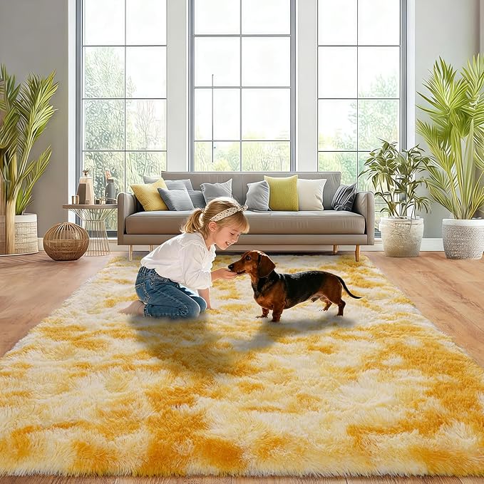 Upgrade Non-Slip Plush Rugs for Living Room, Soft Shaggy Carpets for Living Room, Fuzzy Rugs for Kids' Room, Perfect Decor for Modern Home Tie Dye Yellow 6x9Feet