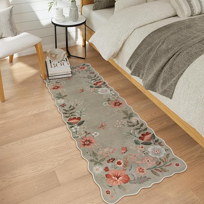 Lahome Floral Kitchen Runner, 2X6 Washable Runner Rug Non-Slip, Ultra-Thin Soft Hallway Rug Stain Resistant Boho Carpet for ‎Bedroom Laundry Bathroom, Brown