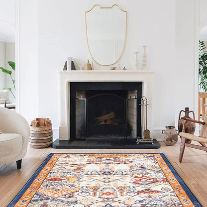 Phantoscope Washable Area Rug 4'x6' Non-Slip, Vintage Boho Rugs for Living Room, Bedroom, Dining Room, Distressed Persian Market Pattern, Low-Pile Foldable Floor Carpet, Navy/Orange