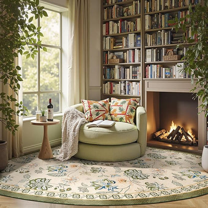 jinchan Elora Floral Corner Rug for Living Room Washable Bedroom Rug Vintage Romance Design Non Slip Quarter Circle Lightweight Low-Pile Throw Carpet for Reading Nook Playroom,8ft Radius, Green/Beige