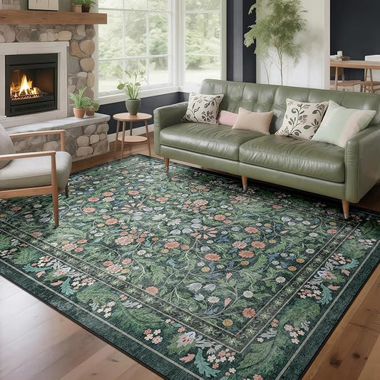 Green Floral 5x7 Area Rugs for Living Room Large Washable Rug Vintage Forest Low Pile Non Slip Stain Resistance Soft Carpet for Dining Room, Bedroom, Office Rug, Kids Room, Nursery Room, Playroom