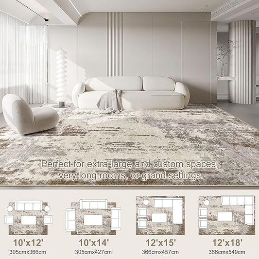 10x12 Area Rug Living Room Rugs - Washable Neutral Modern Abstract Soft Thin Rug Indoor Floor No Slip Rug Carpet for Bedroom Under Dining Table Home Office Decor - Brown/Grey/Beige