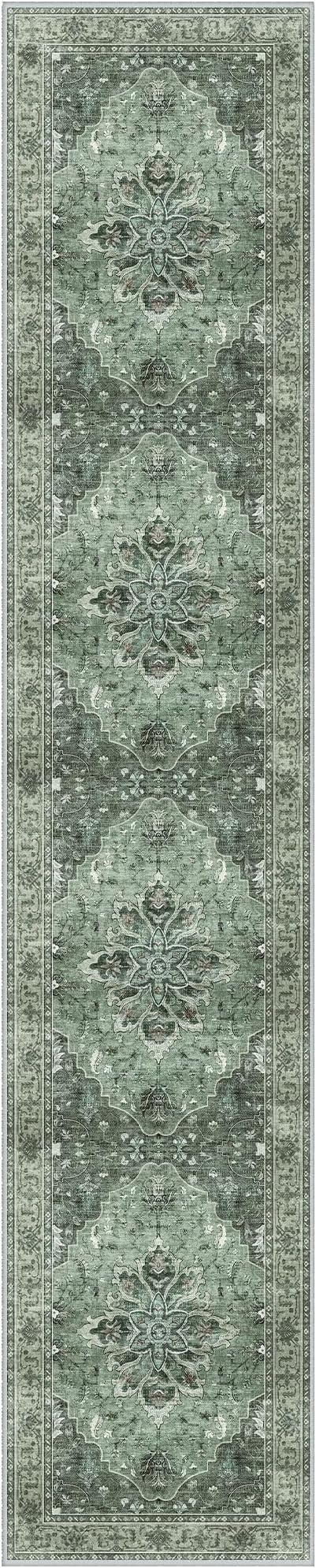 Area Rugs 2'6''x14' Washable Non-Slip, Floral Vintage Distress Print Pattern Medallion Carpet for Living Room Bedroom Dining Room, Dark Green Gray