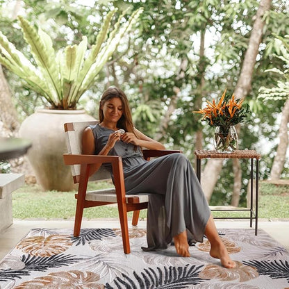 CAMILSON Indoor Outdoor Rug, Yellow 10’x14’ Leaf Tropical Botanical Area Rugs for Indoor and Outdoor patios, Easy-Cleaning Non-Shedding Living Room, Garden and Kitchen Washable Outside Carpet (10x14)