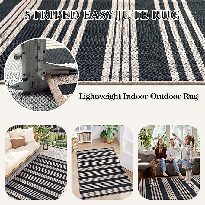 Lahome Striped Easy Jute Outdoor Patio Rug, Washable 5x7 Area Rugs for Living Room Office Indoor Outdoor Carpet, Farmhouse Non Shedding Stain Resistance Carpet for Dining Room Backyard Deck