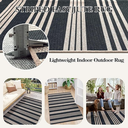 Lahome Striped Easy Jute Outdoor Patio Rug, Washable 5x7 Area Rugs for Living Room Office Indoor Outdoor Carpet, Farmhouse Non Shedding Stain Resistance Carpet for Dining Room Backyard Deck