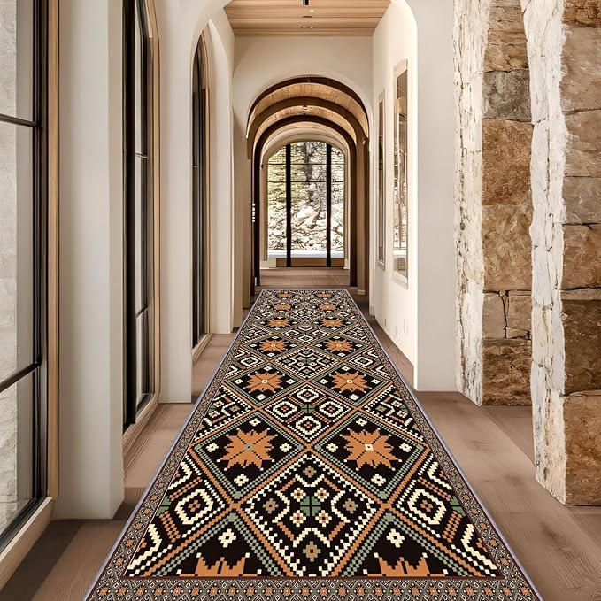 Brown Black Geometric Diamond Pattern Hallway Runner Rug - 1.3x7ft Soft Washable Rug, Corridor & Foyer High-Traffic Area Rugs, Durable Non-Slip Mat, Ethnic Southwestern Style Home Decor
