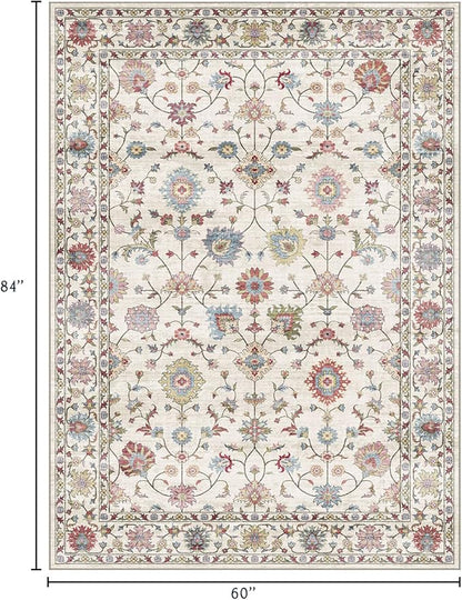 Washable Area Rug 5x7 - Boho Living Room Rug Soft Farmhouse Bedroom Rug Ultra-Thin Cream Colorful Vintage Traditional Floral Dining Room Rugs for Under Table Indoor Carpet for Living Room