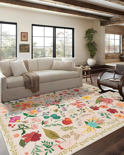 Washable Rugs 8x10 Floral Vintage Washable Area Rug Non Slip Low Pile Large Rugs for Living Room Dining Room Bedroom Farmhouse Kids Playroom