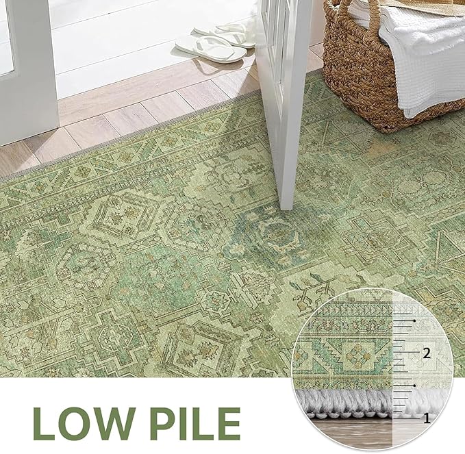 Bavni Washable Rug 5x7 Area Rug for Living Room Bedroom Dining, Washable Vintage Print Carpet, Ultra-Thin Chenille Low Pile Lightweight Rug with Non Slip Backing, Light Green