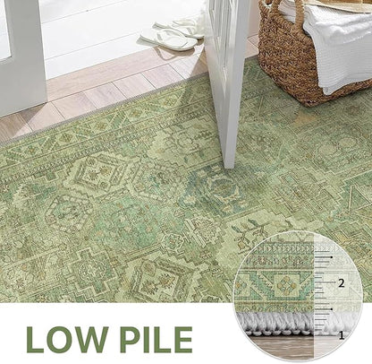 Bavni 2x3 Entryway Rug Bathroom Rugs for Front Door Bedroom Bathroom Kitchen, Washable Vintage Print Carpet, Ultra-Thin Chenille Lightweight Rug with Non Slip Backing, Light Green