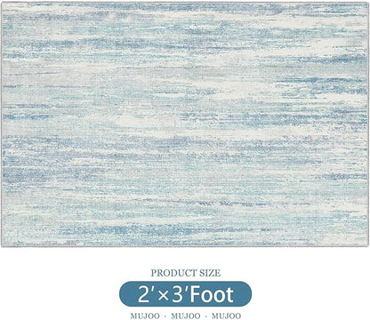 MUJOO Small Rug Washable,2x3 Area Rugs for Entryway Entry Entrance Bedroom Bathroom,Modern Abstract Low Pile Throw Rug,Front Door Mat Non Slip Accent Neutral Carpet Indoor Blue