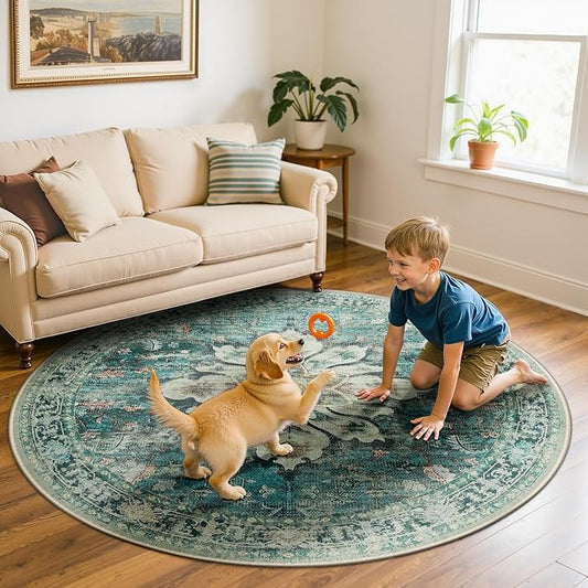 Area Rugs 6ft Washable Non-Slip, Floral Vintage Distress Print Pattern Medallion Carpet for Living Room Bedroom Dining Room, Dark Blue Vintage
