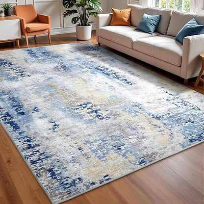 Washable Abstract Rug, 4x6 Modern Area Rugs with Non-Slip Rubber Backed for Living Room, Thin but Soft Contemporary Carpet Kitchen Bedroom Decor, Midnight Blue