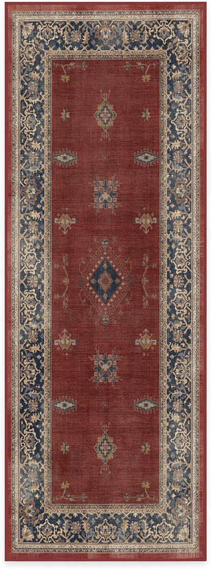 RUGGABLE Washable Vintage Runner Rug – Verena Amber Red 2.5x7, Stain-Resistant, Non-Slip Hallway Runner – Machine Washable Rug for Hallway, Entryway, Living Room & Kitchen–with Standard Pad