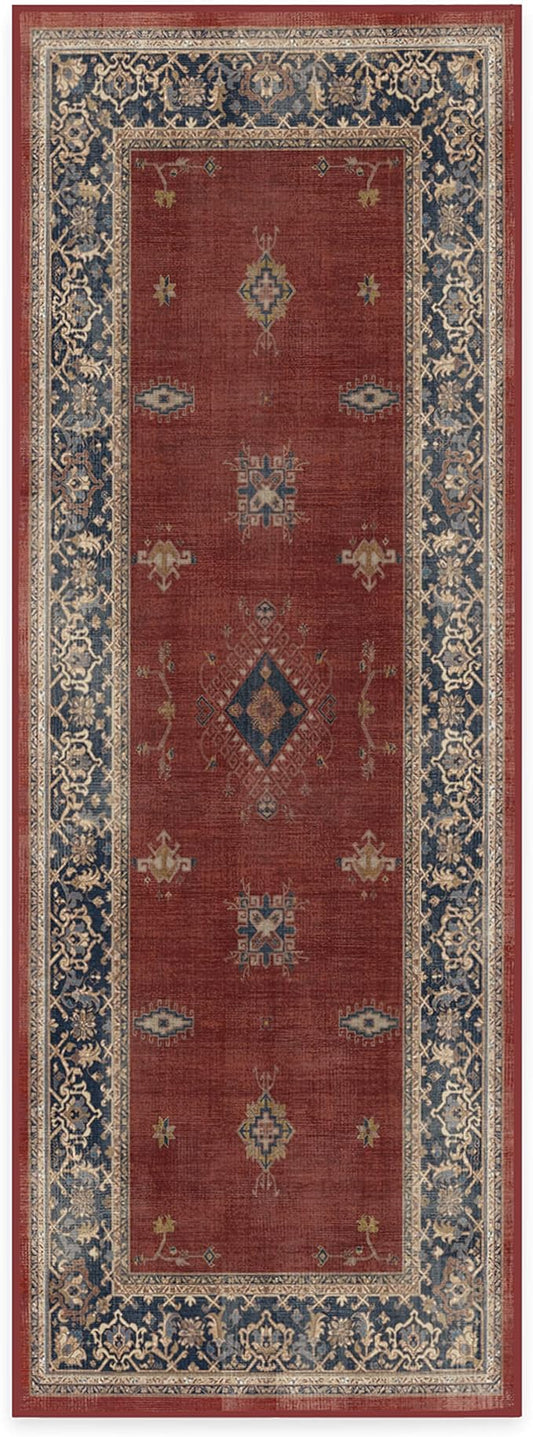 RUGGABLE Washable Vintage Runner Rug – Verena Amber Red 2.5x7, Stain-Resistant, Non-Slip Hallway Runner – Machine Washable Rug for Hallway, Entryway, Living Room & Kitchen–with Standard Pad