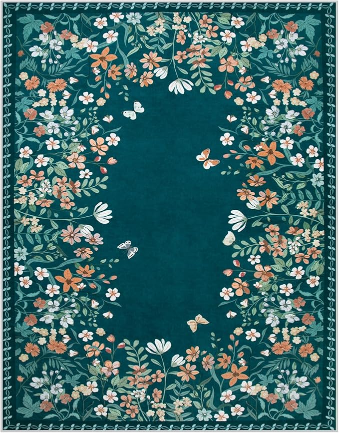 Wonnitar Washable 8x10 Area Rug, Non-Slip Teal Green Floral Rugs for Living Room, Low Pile Soft Bedroom Rug, Stain Resistant Floor Carpet for Dining Room(Teal Green,8'x10')