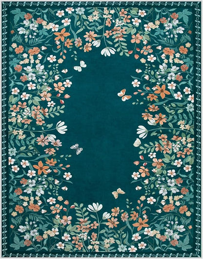 Wonnitar Washable 8x10 Area Rug, Non-Slip Teal Green Floral Rugs for Living Room, Low Pile Soft Bedroom Rug, Stain Resistant Floor Carpet for Dining Room(Teal Green,8'x10')