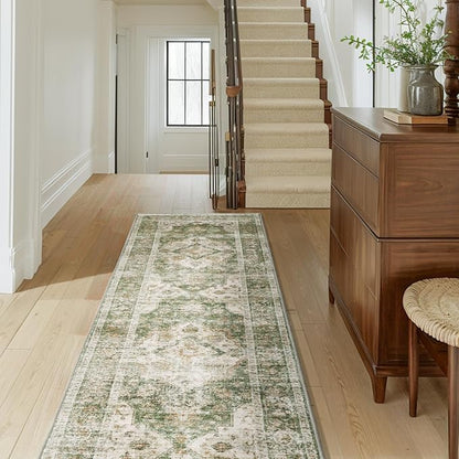 AMOAMI-2X10 Runner Rug-Washable Runners for Hallways-Soft Non Slip Bedside Rugs for Bedroom-Vintage Long Rug for Hallways Entryway Laundry Room Stair Kitchen Bathroom Green