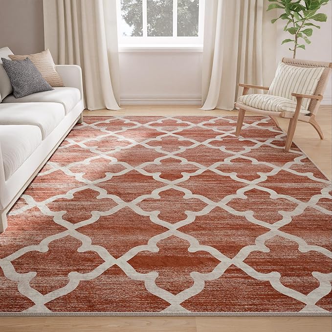 Area Rug 6x9, Moroccan Trellis Print Carpet, Machine Washable Non-Slip Rugs for Living Room, Bedroom, Dining Room & Entryway, Red
