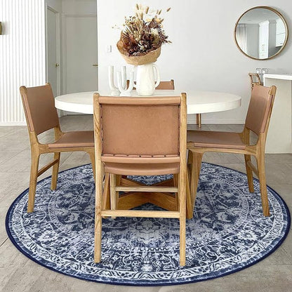 KILOCOCO Area Rug 5ft Round Living Room Rug Washable Printed Vintage Floral Bedroom Rugs Non Slip Entryway Rugs for Kitchen Dining Room Laundry Room Playroom, Blue