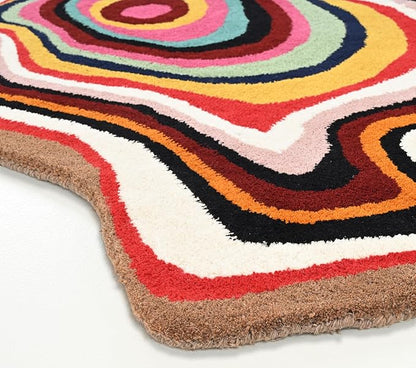 Irregular Shaped Handmade Wool Rug | Modern Colourful Stripe Premium Area Rug Perfect for Home Decor (Multi, 4x4 ft)