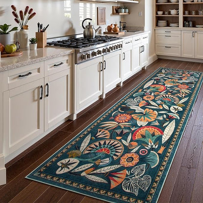 Boho Washable Green Bathroom Kitchen Runner Rug, 2x8 Egypt Hallway Entryway Rug Runner, Non Slip Botanical Floral Vintage Carpet for Entry Living Laundry Room (Dark Green, 2 x 8)