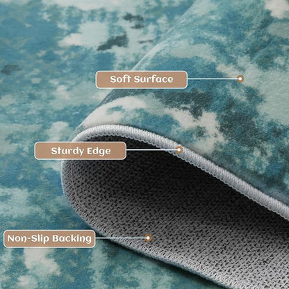8x10 Abstract Area Rugs for Living Room, Modern Teal Blue Washable Indoor Rug for Bedroom, Thin Soft Large Non-Slip Carpet for Dining Room Home Office Farmhouse Decor