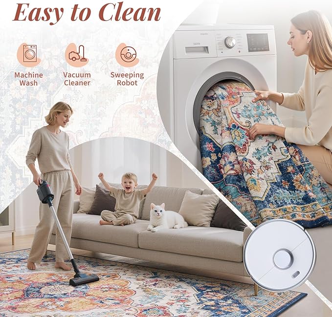 tchdio 8x10 Area Rugs for Living Room, Vintage Non Slip Washable Rug, Soft Low Pile Colorful Area Rug Large Floor Indoor Carpet for Bedroom, Dining Room, Office (Multi, 8'x10')