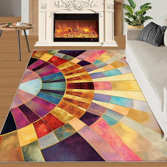 Chromatic Geometric Area Rugs 4x5ft, Abstraction Deco Kids Play Rug, Mosaic Sunburst Throw Rugs Bedroom Fluffie Soft for Coffee Shop Living Room Under Table Game Room
