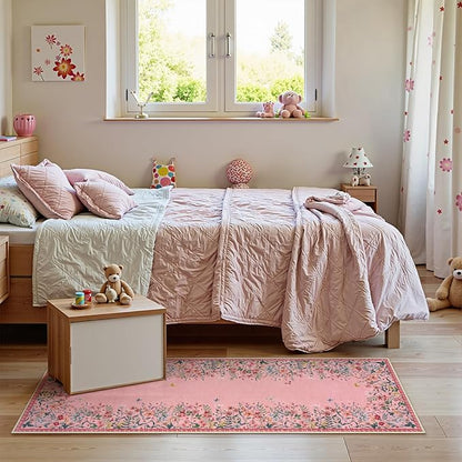 Lahome Boho Floral 2x6 Pink Bathroom Runner Rugs Non Slip Washable,Soft Runners for Hallways,Indoor Carpet Runner with Rubber Backing for Bedside Entryway Kitchen Laundry(Pink,2x6)