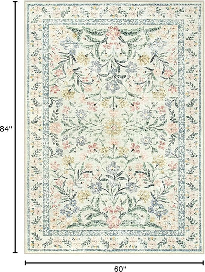 Lahome Boho Rugs for Living Room 5x7, Machine Washable Area Rugs Non-Slip, Vintage Floral Soft Kids Bedroom Carpet Rug for Home Girls Playroom Foyer Entryway, Beige/Multi