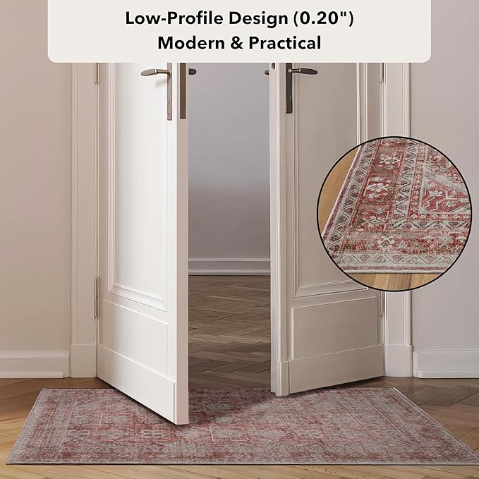 Kuden 4x6 Area Rug, Machine Washable Area Rug with Non-Slip Backing, Vintage Style, Soft, Easy Clean, Low Pile Rug for Living Room, Bedroom, Dining Room