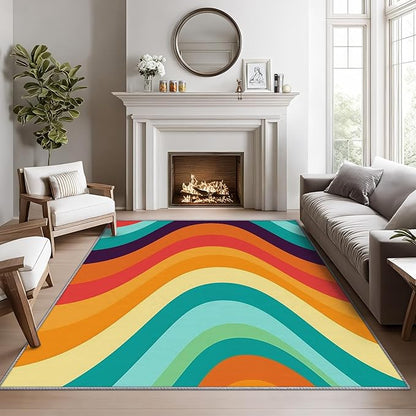 Retro Rugs for Living Room 70s -Abstract Wave Rug, 3x4 ft, Colorful Rainbow Area Rugs for Bedroom, Groovy Geometric Washable Carpet for Entryway, Kitchen, Mid Century Retro 70s Home Decor & Gift