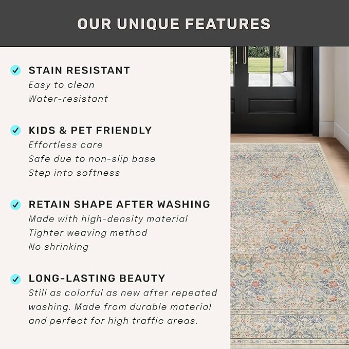 Washable Light Blue Non Slip Bedroom Rug, 8x12 Large Area Rug for Living Room, Dining Room Under Table, Low Pile & Soft Stain Resistant Carpet - Forset Floral Design
