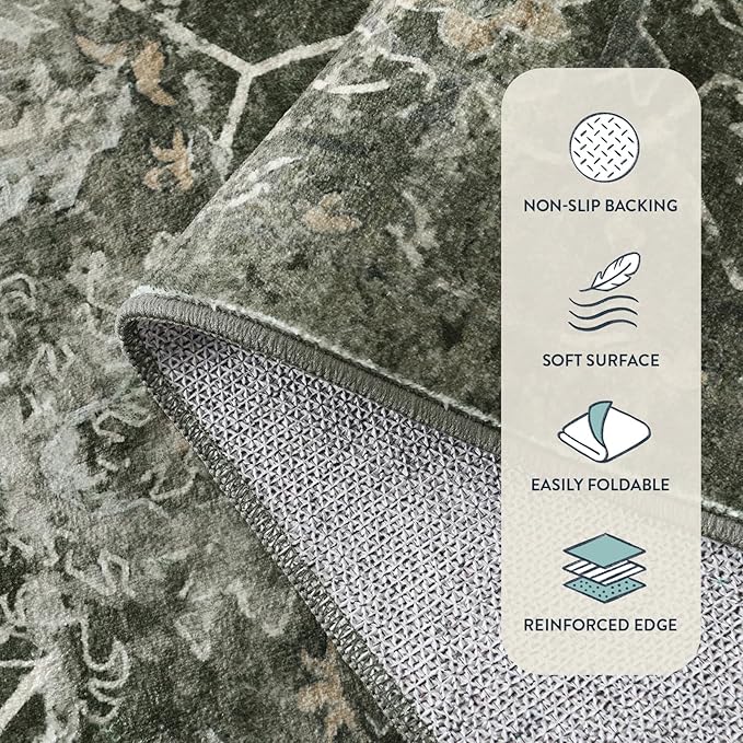 Lahome Washable Area Rugs 5x7 Green Rugs for Living Room,Boho Rug for Bedroom,Dining Room Carpet for Under Table, Distressed Non Slip Low Pile Carpet for Indoor Home Office Nursery(5'x7',Green)