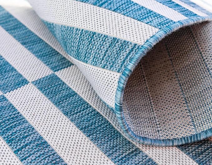 Unique Loom Outdoor Striped Collection Area Rug - Striped (6' 1" x 9' Rectangle, Light Aqua/Ivory)